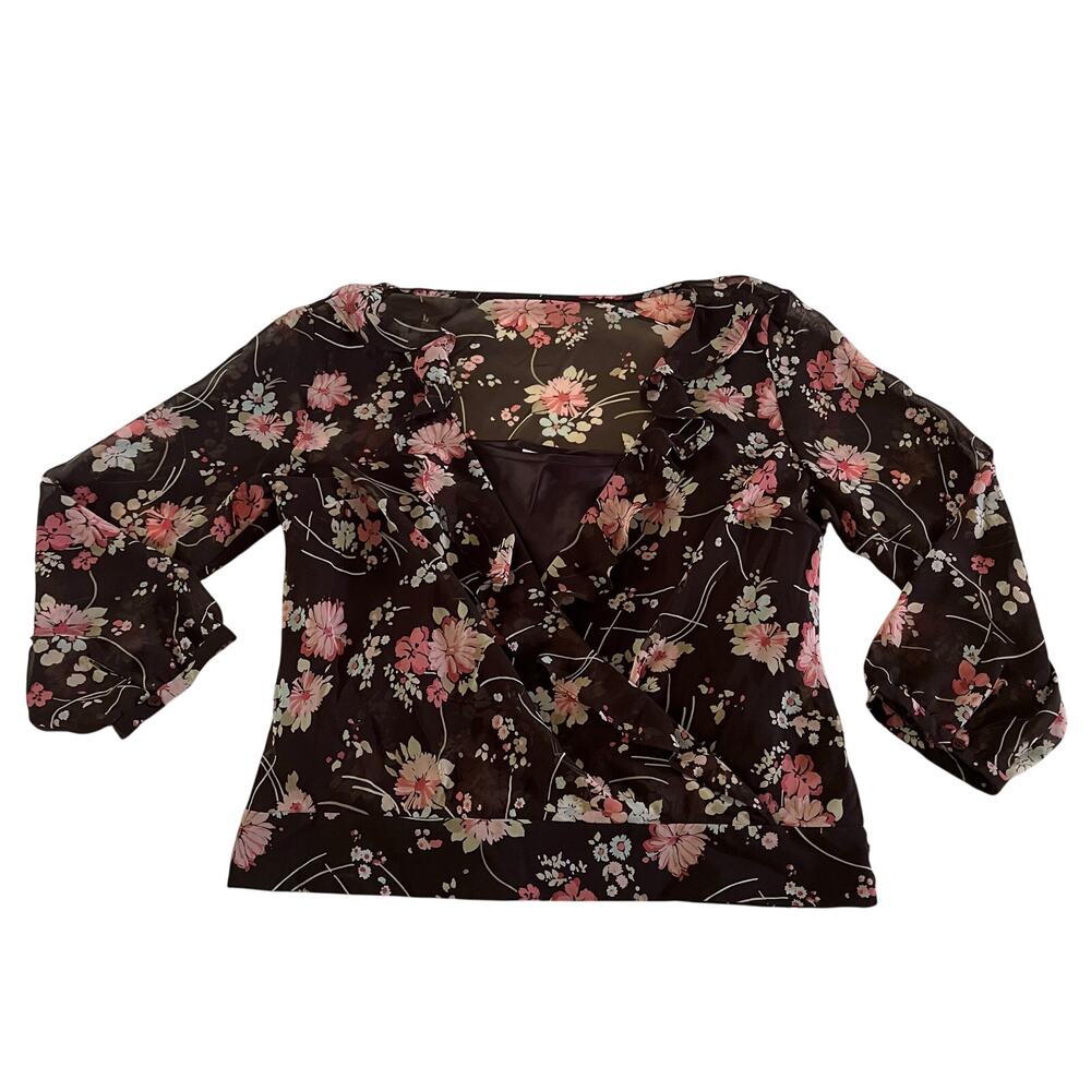 Brown Floral Sheer Ruffle Baby Doll Wrap Blouse Top Sz 6P Forest Fairy Grunge